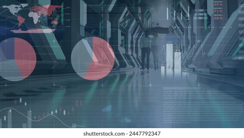 Image of financial data processing over business people. global business, connections and data processing concept digitally generated image.