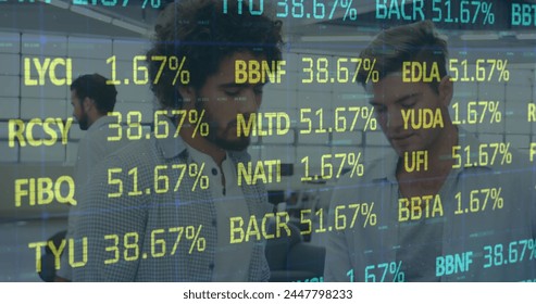 Image of financial data processing over business people. global business, connections and data processing concept digitally generated image.
