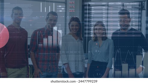 Image of financial data processing over business people. global business, connections and data processing concept digitally generated image.
