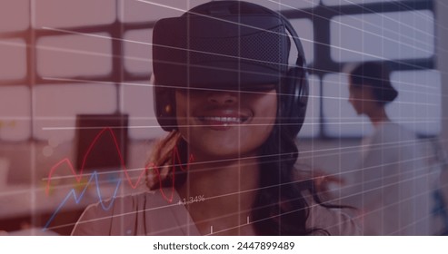 Image of financial data processing over business people using vr headsets. global business, connections, digital interface and technology concept digitally generated image.