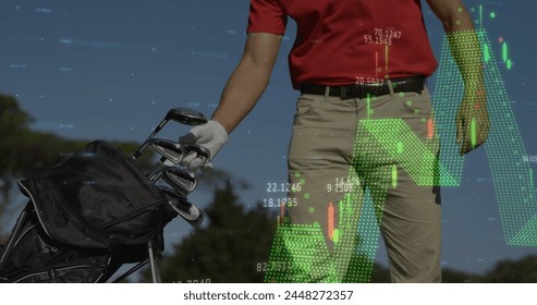 Image of financial data processing over caucasian man picking a golf stick from his bag. Global finance and sports technology concept - Powered by Shutterstock - Get 15% off with code: PIKWIZARD15