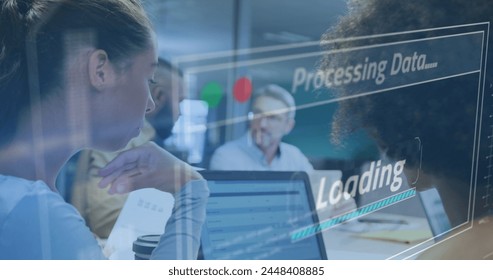 Image of financial data processing over diverse business people working in office. Global business, finances, computing and data processing concept digitally generated image.