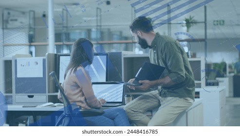 Image of financial data processing over diverse business people working in office. Global business, finances, computing and data processing concept digitally generated image.