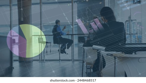 Image of financial data processing over diverse group of business people in office. global business, finances and digital interface concept digitally generated image.