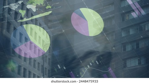Image of financial data processing over business people walking. global business, finances and digital interface concept digitally generated image.