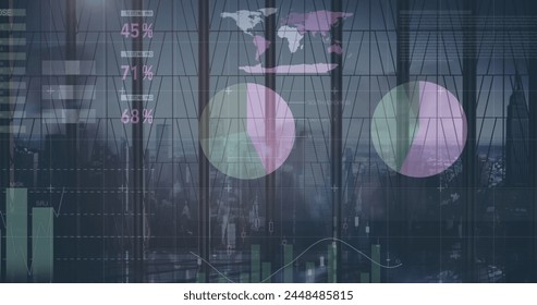 Image of financial data processing over business people walking. global business, finances and digital interface concept digitally generated image.