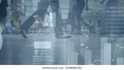 Image of financial data processing over business people walking. global business, finances and digital interface concept digitally generated image.