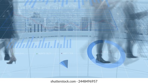 Image of financial data processing over business people walking. global business, finances and digital interface concept digitally generated image.