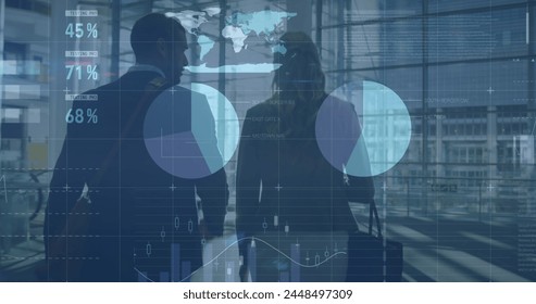 Image of financial data processing over two caucasian business people walking. global business, finances and digital interface concept digitally generated image.