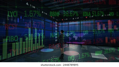 Image of financial data processing over businesswoman in office. global finances, business, digital interface and technology concept digitally generated image.