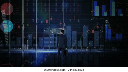Image of financial data processing over businessman and cityscape. global business, connections, digital interface and technology concept digitally generated image.