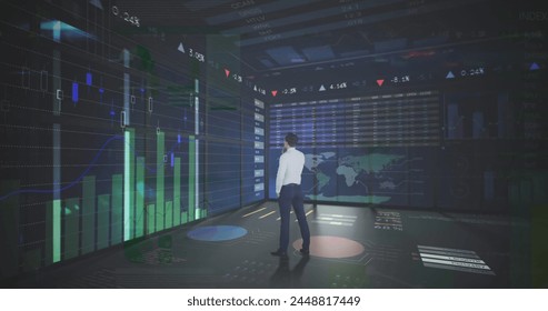Image of financial data processing over businessman. global finance, business and digital interface concept digitally generated image.