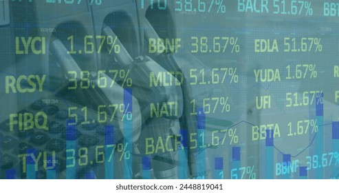 Image of financial data processing over petrol nozzles. global finances, business, digital interface and technology concept digitally generated image.