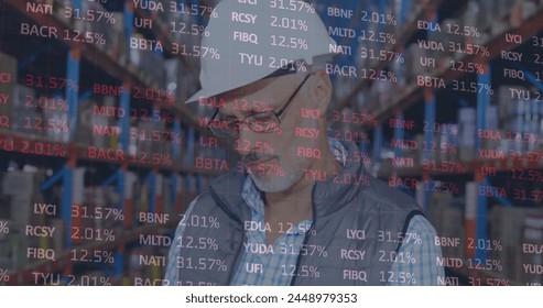 Image of financial data processing over man working in warehouse. global shipping and connections concept digitally generated image.