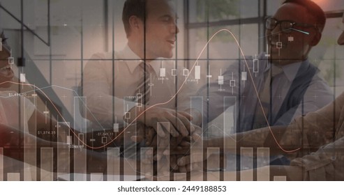 Image of financial data processing over business people stacking hands in meeting. global business, connections and data processing concept digitally generated image.