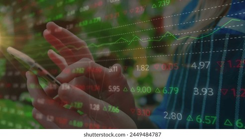 Image of financial data processing over caucasian woman using smartphone. Global business, data processing and digital interface concept digitally generated image. - Powered by Shutterstock - Get 15% off with code: PIKWIZARD15