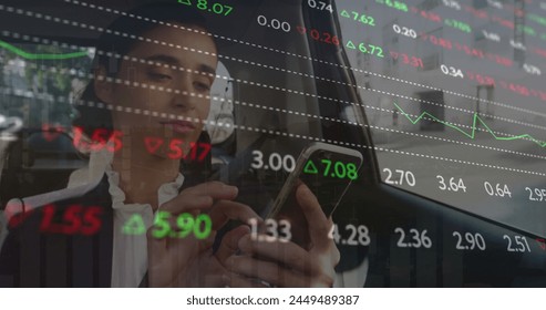 Image of financial data processing over caucasian businesswoman using smartphone. Global business, data processing and digital interface concept digitally generated image. - Powered by Shutterstock