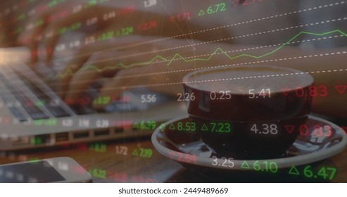 Image of financial data processing over caucasian woman using laptop. Global business, data processing and digital interface concept digitally generated image.