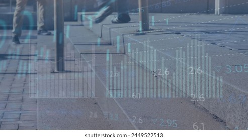 Image of financial data processing over people walking on street. Global business, finances and digital interface concept digitally generated image.