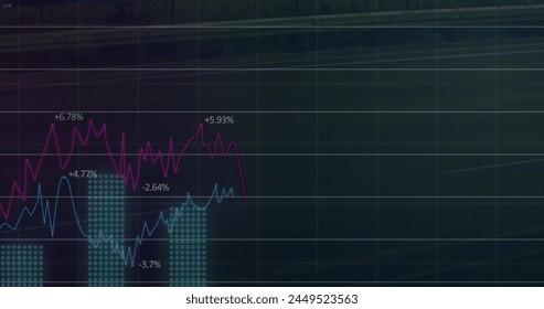 Image of financial data processing over cars on street. Global business, finances and digital interface concept digitally generated image.