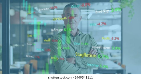 Image of financial data processing over caucasian businessman in office. Global business, finance, computing and data processing concept digitally generated image.