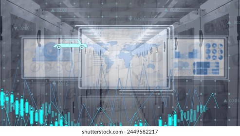 Image of financial data processing over computer servers. Global business, finances, computing and data processing concept digitally generated image.
