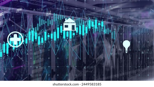 Image of financial data processing over computer servers. Global business, finances, computing and data processing concept digitally generated image.