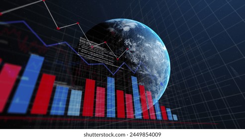 Image of financial data processing over globe. Global business, finances, computing and data processing concept digitally generated image.