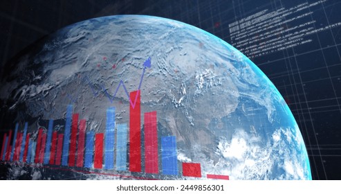 Image of financial data processing over globe. Global business, finances, computing and data processing concept digitally generated image.