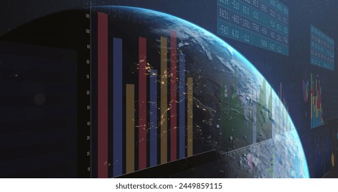 Image of financial data processing over globe. Global business, finances, computing and data processing concept digitally generated image.