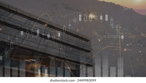 Image of financial data processing over cityscape. global finances, computing and digital interface concept digitally generated image.