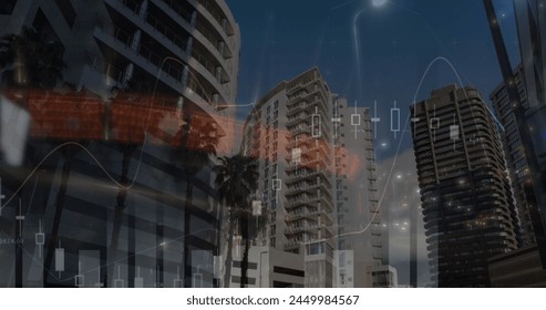 Image of financial data processing over cityscape. global finances, computing and digital interface concept digitally generated image.