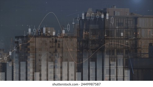 Image of financial data processing over cityscape. global finances, computing and digital interface concept digitally generated image.