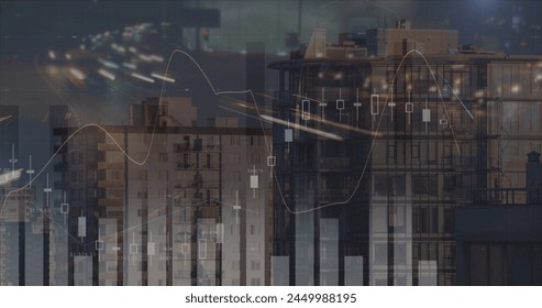 Image of financial data processing over cityscape. global finances, computing and digital interface concept digitally generated image.