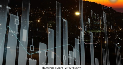 Image of financial data processing over cityscape. global finances, computing and digital interface concept digitally generated image.