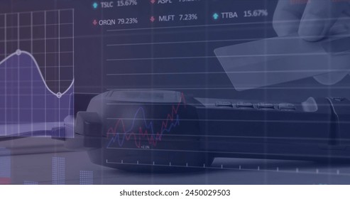 Image of financial data processing over business people walking in office. Global business finances and digital interface concept digitally generated image.