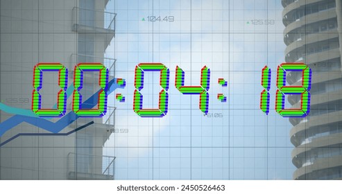 Image of financial data processing over timer and city. Global finance, business, connections, computing and data processing concept digitally generated image. - Powered by Shutterstock