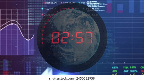 Image of financial data processing over timer and city. Global finance, business, connections, computing and data processing concept digitally generated image. - Powered by Shutterstock