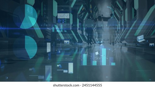 Image of financial data processing over business people walking in office. global finance, business and digital interface concept digitally generated image.