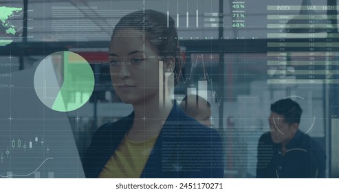 Image of financial data processing over business people in office. global finance, business and digital interface concept digitally generated image.