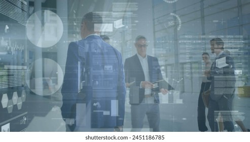 Image of financial data processing over business people in office. global finance, business and digital interface concept digitally generated image.