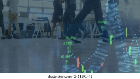 Image of financial data processing over business people walking in office. global finance, business and digital interface concept digitally generated image.