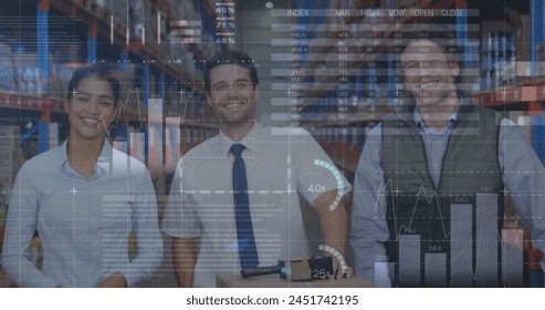 Image of financial data processing over people working in warehouse. global shipping, delivery and connections concept digitally generated image.