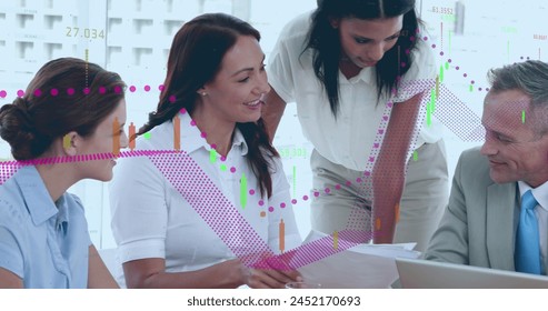 Image of financial data processing over diverse businesspeople discussing together at office. Global finance and business technology concept