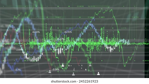 Image of financial data processing over grid. Global business, finance, computing and data processing concept digitally generated image.
