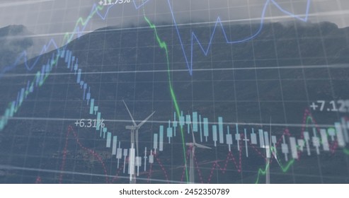 Image of financial data processing over spinning windmills on grassland. Global finance and renewable energy technology concept - Powered by Shutterstock - Get 15% off with code: PIKWIZARD15