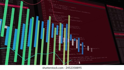 Image of financial data processing over black background. Global business, finances, digital interface, computing and data processing concept digitally generated image.