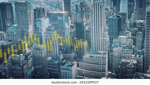 Image of financial data processing over cityscape. Global finance, business, connections, computing and data processing concept digitally generated image.