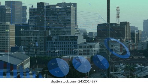 Image of financial data processing over cityscape. Global finance, business, connections, computing and data processing concept digitally generated image.