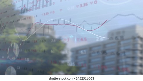 Image of financial data processing over cityscape. Global finance, business, connections, computing and data processing concept digitally generated image.